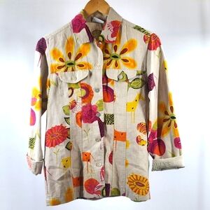 CHICO'S Linen Jungle Safari Khaki Floral Zebra Giraffe Button Up Shirt Topper 0